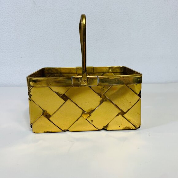 Brass Basket Woven Handle Boho Style Trinket Dish Rectangle Catchall Eclectic - Picture 11 of 14